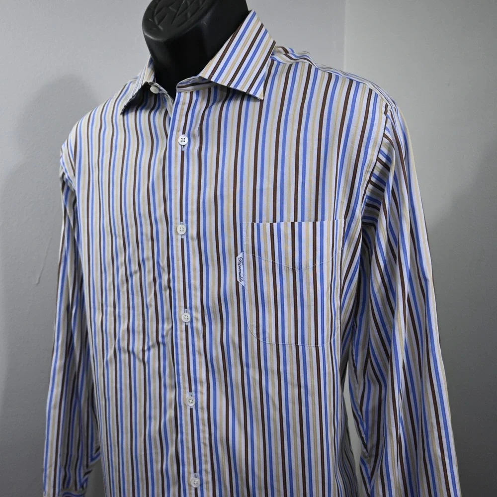 Façonnable Button Up Mens 16 Large Blue Brown Tan Striped Long Sleeve USA MADE